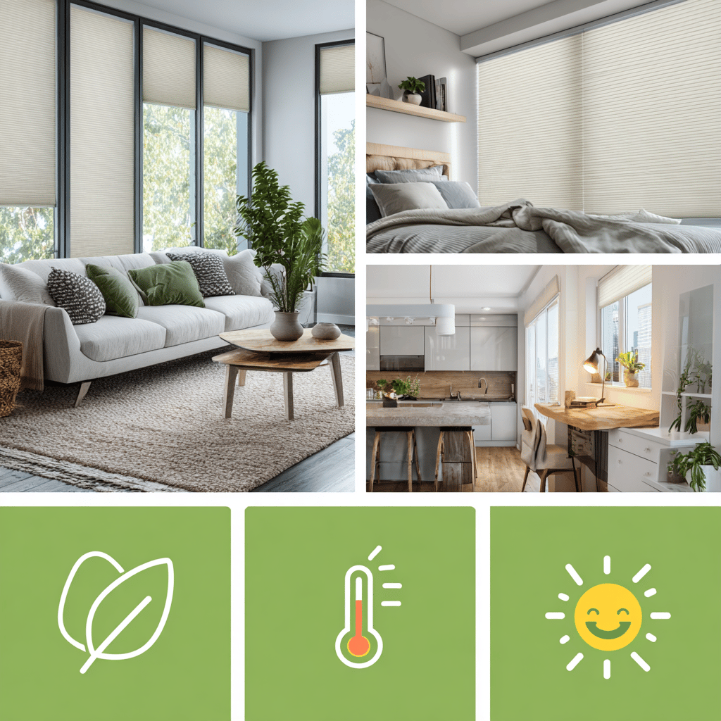 Woonkamer, slaapkamer en keuken met energiebesparende honingraat plisségordijnen. 