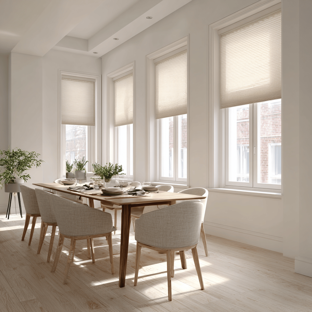 Eetkamer met top-down lichte plisségordijnen voor privacy. 